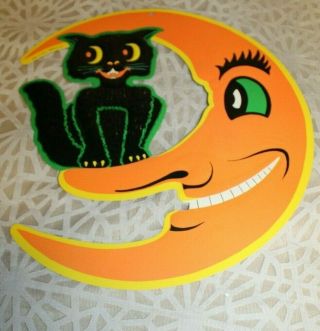 Rare Vintage Halloween Beistle Die Cut Decoration - Black Cat Orange Moon
