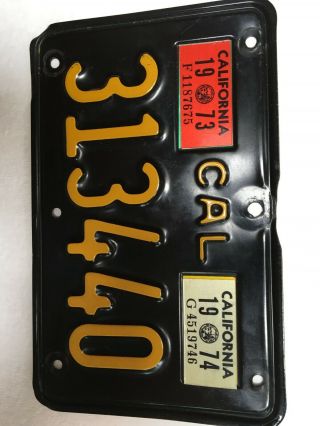 Vintage California Ca Motorcycle License Plate Black & Yellow 1973 & 1974 Reg