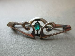 Antique Vintage Art Nouveau Gold Filled Emerald Glass Brooch Pin Arts & Crafts