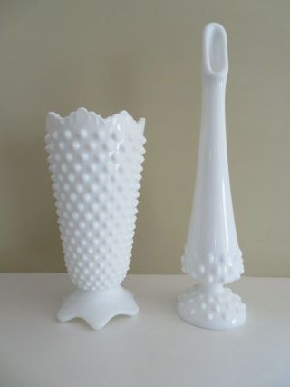 2 Vtg Fenton Milk Glass Hobnail Vases Stick Swing & Petal Footed Crown Top Pair