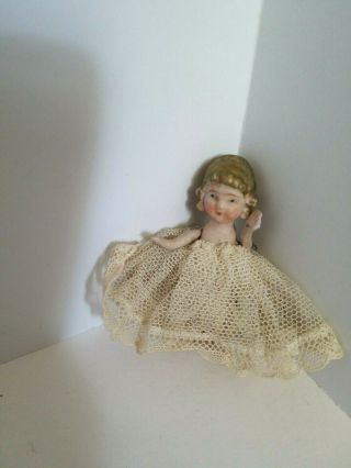 Miniature Bisque Porcelain Doll Jointed Arms Standing Golden Hair 1920s