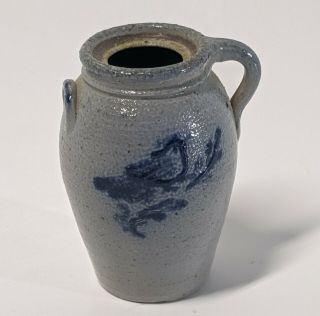Vintage Miniature Salt Glaze Pottery Cobalt Blue Bird Crock With Handles H 2.  5 "