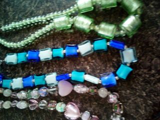 3 Stunning Vintage Necklaces Glass Bead Art Deco Style Blues,  Green And Pinks