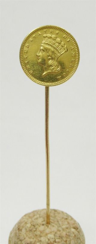 Antique Us $1 Gold Coin 14k Yellow Gold Stick Pin With Clutch 2.  3 Grams Noreserv