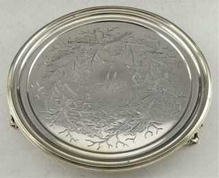 ANTIQUE GORHAM COIN SILVER OAK & ACORN ENGRAVED 3 FOOTED CALLING CARD TRAY c1855 2