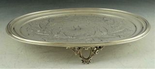 ANTIQUE GORHAM COIN SILVER OAK & ACORN ENGRAVED 3 FOOTED CALLING CARD TRAY c1855 3