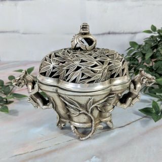 Antique Chinese Silver - Toned Dragon And Bamboo Patterned Signed Incense Burner