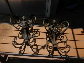 Two Antique Cast Iron & Wrought Iron Semi - Nude Gothic Cherub Candle Wall Sconce