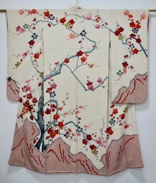 Japanese Kimono Silk Antique Furisode / Rare Pattern / Ume Tree / Vintage /361