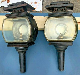 Antique Matched Set Curved Bevelled Glass Carriage Lamps Oil Buggy Lanterns