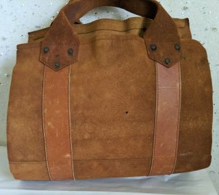 Vintage Suede Log Carrier Tote Leather Handles Rustic Cabin Camping Farmhouse