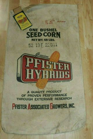 Rare Vintage Pfister Hybrids Seed Corn 52 19f 22b11 Bag Sack & Tags