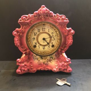 Antique Ansonia Pink Porcelain Mantle Clock Title Case