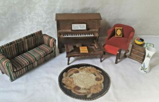 Vintage Doll House Miniature Living Room Set Couch Piano Rug Vase Chair Ottoman