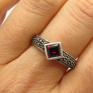 925 Sterling Silver Vintage Judith Jack Marcasite & Red Garnet Gem Ring Size 9