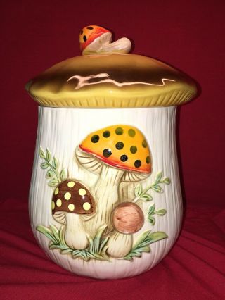 Exc Vintage Merry Mushroom Cookie Jar Canister Sears Roebuck 1978 W/ Lid 10 " Lg