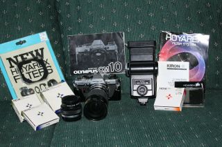 Vintage Olympus Om 10 Camera With Various Accessories
