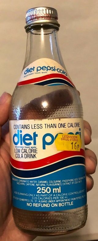 Vintage Diet Pepsi Cola Advertising 250ml Empty Glass Bottle W/ Cap