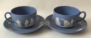 2 Vintage Wedgwood 1960 Blue Jasperware Tea Cups And Saucers Wide