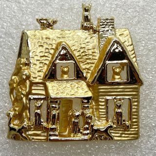 Signed Ajc Vintage Cat Filled House Brooch Pin Gold Tone Costume Jewelry
