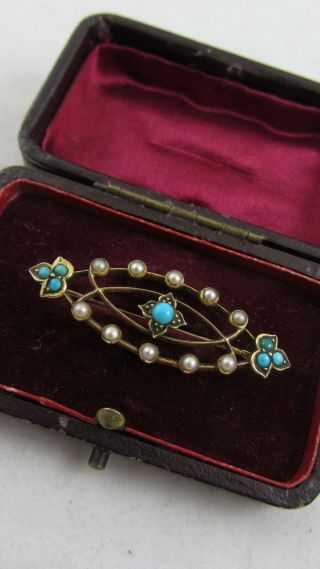 Antique Victorian Turquoise And Seed Pearl 9ct Brooch Yellow Metal