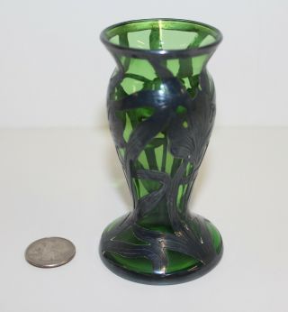 Antique Art Nouveau Alvin Loetz 999 Sterling Silver Overlay Green Glass Vase