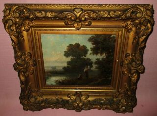 Antique 19th C Oil On Canvas Painting Outdoor Fishing Boat Landscape J.  Stone