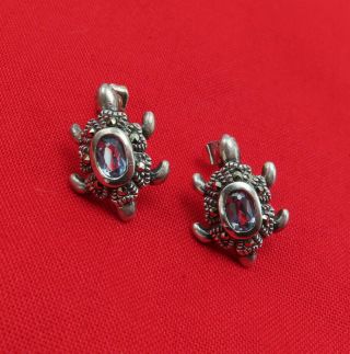 Vintage Sterling Silver Pierced Earrings Turtle Blue Gemstones Marcasites 608m