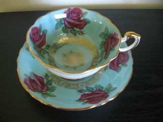 Paragon Turquoise Large Red Cabbage Roses Tea Cup And Saucer