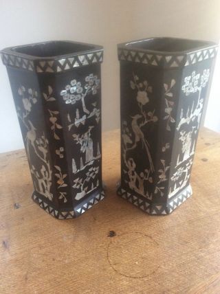 Pair Antique C19th Chinese Black Lacquer Vases Mother Of Pearl Inlay Exotic Bird