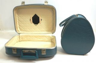 Vintage National Suitcase Carryon Luggage With Matching Hat Box Case Blue Vinyl