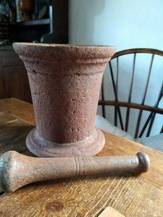 A Very Large Heavy Early Cast Iron Mortar And Pestle
