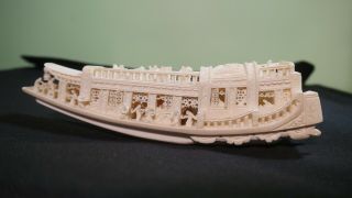 Antique Chinese Hand - Carved Ivory Color Ship With Figures