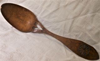 Wonderful Large Antique Carved Wooden Spoon,  Heart,  Deer Head,  Wheel Dated 1854