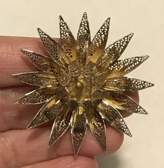 Vintage Portugal Gold Vermeil Sterling Silver Filigree Flower 2” Brooch Pin 10g