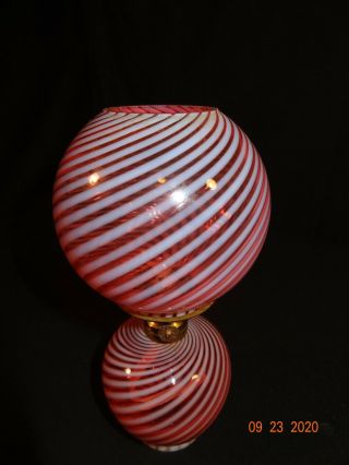 Antique Art Glass Cranberry Swirl Miniature Oil Lamp W/ Matching Shade