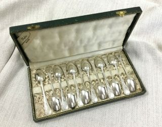 Antique French Teaspoons Silver Plated Louis XIV Marly Rocaille Boxed Set of 12 2