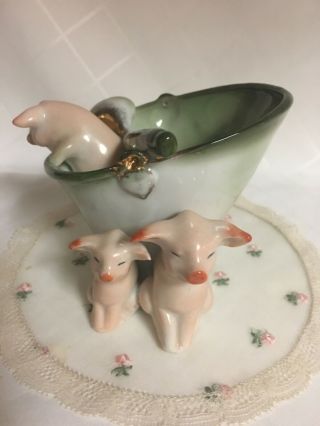 Antique German Pink Pig Porcelain Fairing Figurine Pigs In A Sugar Shuttle