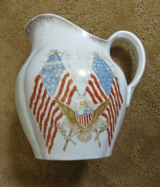 Antique American Flag Pottery Pitcher - 19th C - July 4th - Patriotic Folk Art