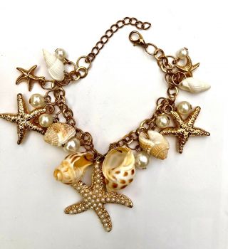 Vintage Gold Tone Charm Bracelet Star Fish Sea Shell Pearls Beach Summer Holiday