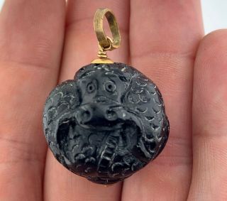 Chinese Old Hand - Carved Ebony Wood Dragon Ball 14kt Collectibles,  Pendant Estate