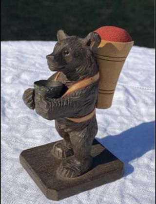 Antique Black Forest Hand Carved Bear Thimble Holding And Pin Cushion Backpack