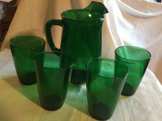 Vintage Anchor Hocking Forest Green Juice Pitcher And 4 Glasses Tumblers