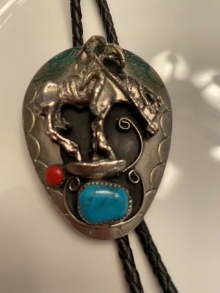 Vintage Bolo Tie With Man On A Horse And Two Stones (turquoise And Coral)