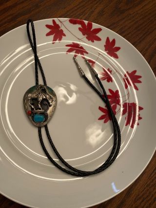 Vintage Bolo Tie With Man On A Horse And Two Stones (turquoise And Coral) 2