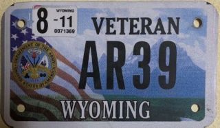 2011 Wyoming Army Veteran Military Motorcycle License Plate Rare