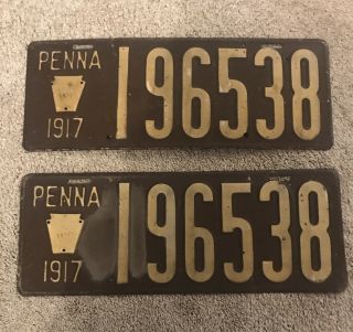 Vintage License Plates Matching Set Of 1917 Pennsylvania Pa Metal Plates