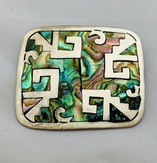 Vintage Turquoise Sterling Silver Pin Pendant Inlay Abalone 925 Mexico Taxco