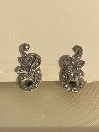 Vintage/antique Solid Silver Marcasite Art Deco Clip On Earrings 2