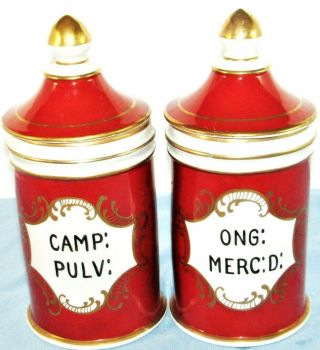 Antique Apothecary Jars Set Of 2 Hand Painted France Red Gold Camp: Pulv Merc:d
